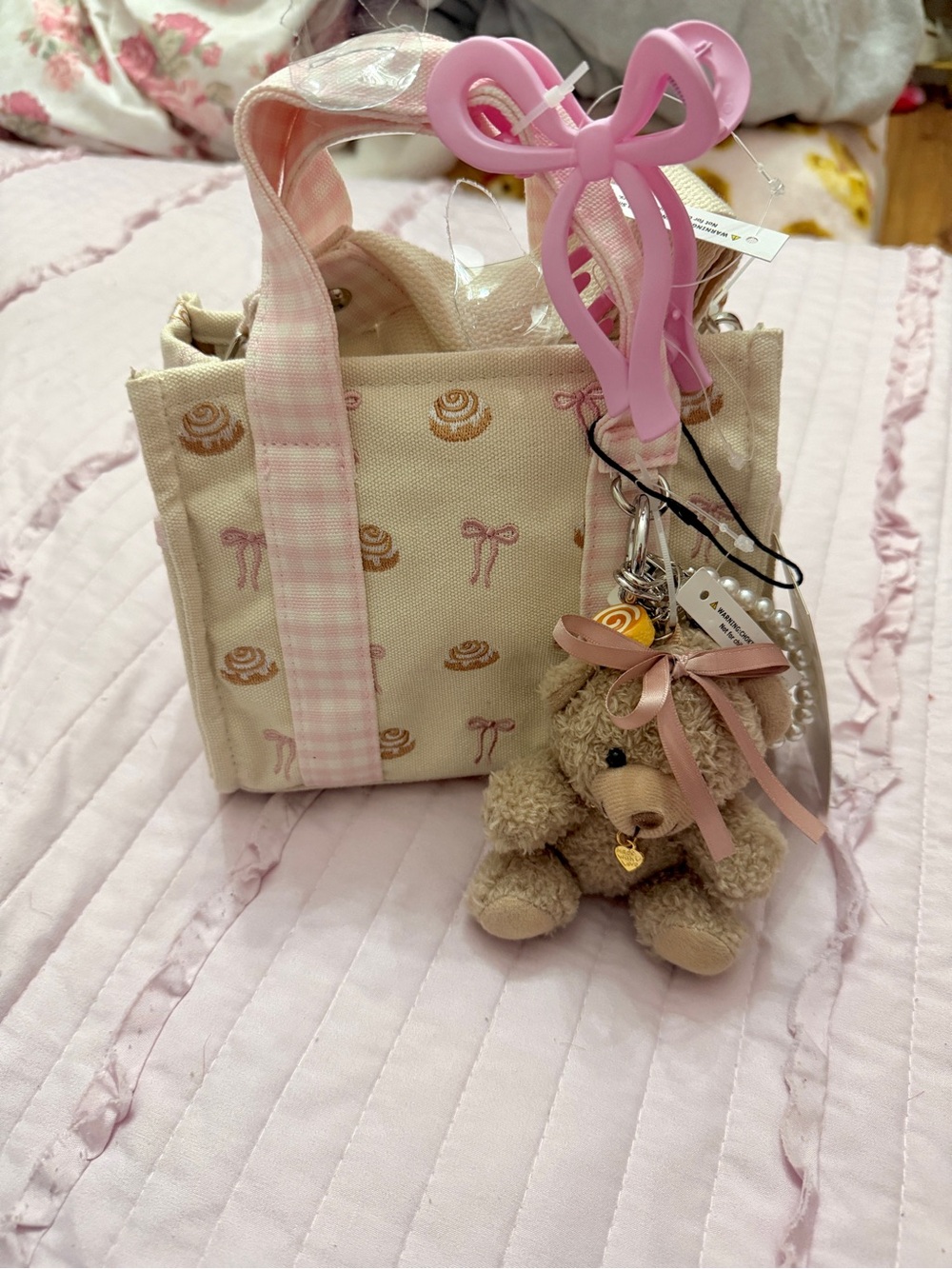 Madden girl Pink Gingham Handle Tote Bag with Bear Keychain
